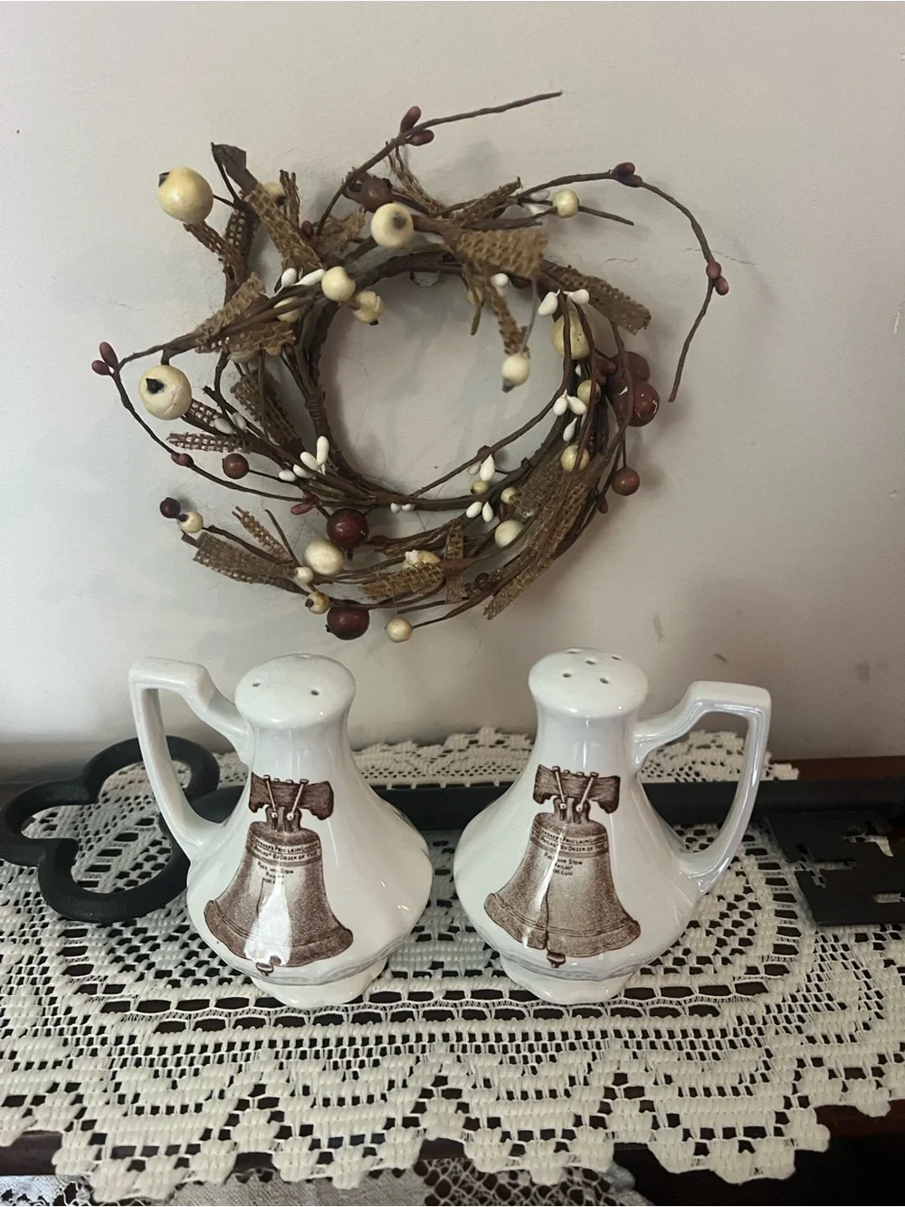 Ironstone Americana Liberty Bell brown off white salt & pepper shakers